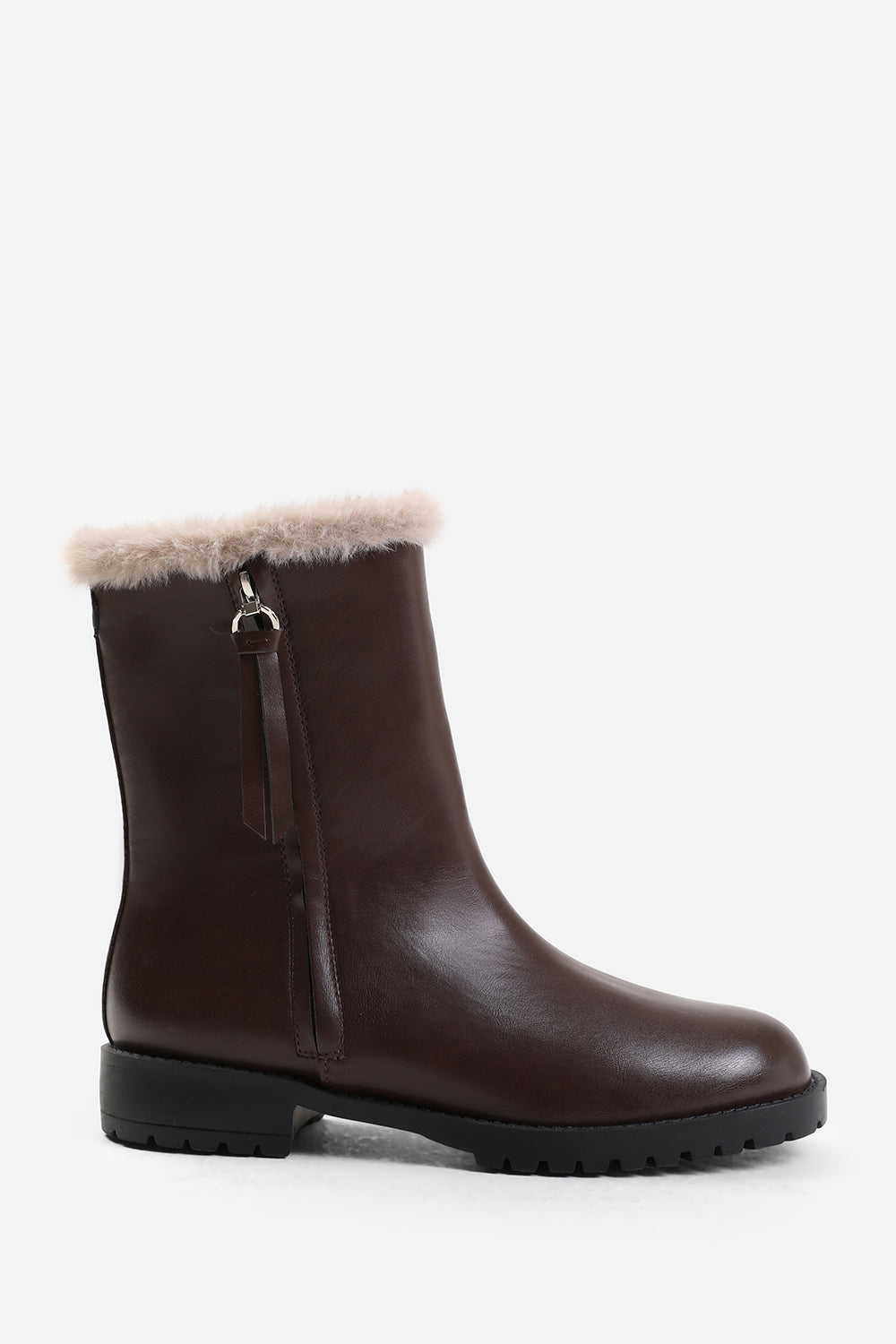 ARTIC MID CALF BOOT WITH FUR TRIM IN DARK BROWN FAUX LEATHER