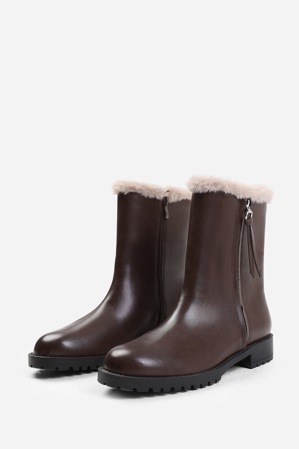 ARTIC MID CALF BOOT WITH FUR TRIM IN DARK BROWN FAUX LEATHER