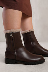 ARTIC WIDE FIT MID CALF BOOT WITH FUR TRIM IN DARK BROWN FAUX LEATHER