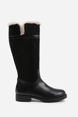 KENDRA WIDE CALF KNEE HIGH BOOTS WITH FUR TRIM AND LINING IN WIDE E FIT IN BLACK SUEDE AND FAUX LEATHER