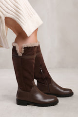 KENDRA WIDE CALF KNEE HIGH BOOTS WITH FUR TRIM AND LINING IN WIDE E FIT IN DARK BROWN SUEDE AND FAUX LEATHER