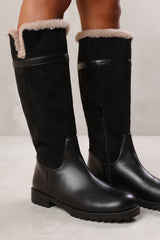 KENDRA KNEE HIGH BOOTS WITH FUR TRIM AND LINING IN BLACK SUEDE AND FAUX LEATHER