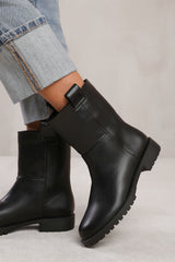 DELTA MID CALF BOOT WITH STITCHING DETAIL IN BLACK GRAIN FAUX LEATHER