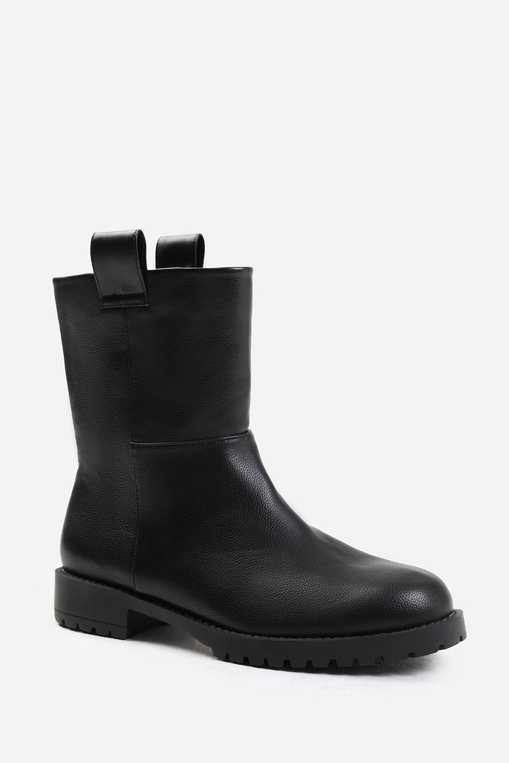 DELTA WIDE FIT MID CALF BOOT WITH STITCHING DETAIL IN BLACK GRAIN FAUX LEATHER