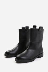 DELTA MID CALF BOOT WITH STITCHING DETAIL IN BLACK GRAIN FAUX LEATHER