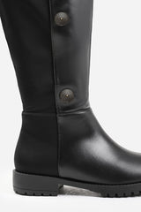 ARALYN BELOW KNEE BOOT WITH BUTTON DETAILING AND SIDE ZIP IN BLACK FAUX LEATHER