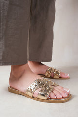 COMMET CUT OUT STRAP FLAT SANDALS WITH DIAMANTE DETAIL IN GOLD METALLIC