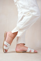 COMMET CUT OUT STRAP FLAT SANDALS WITH DIAMANTE DETAIL IN WHITE FAUX LEATHER