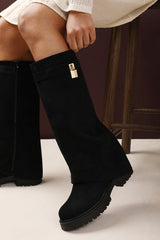 Brescia Fold Over Knee High Chunky Sole Black Suede Boots