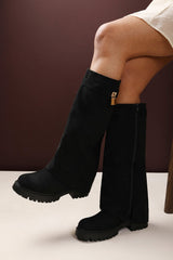 Brescia Fold Over Knee High Chunky Sole Black Suede Boots