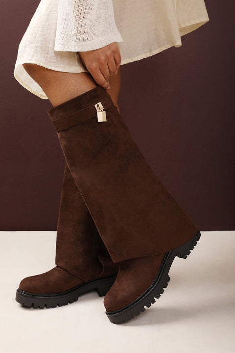 Brescia Fold Over Knee High Chunky Sole Brown Suede Boots