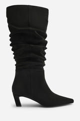 Kensley Ruched Slouch Knee High Snipped Toe Boot in Black Suede