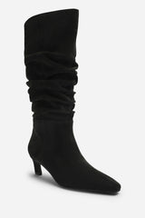 Kensley Ruched Slouch Knee High Snipped Toe Boot in Black Suede