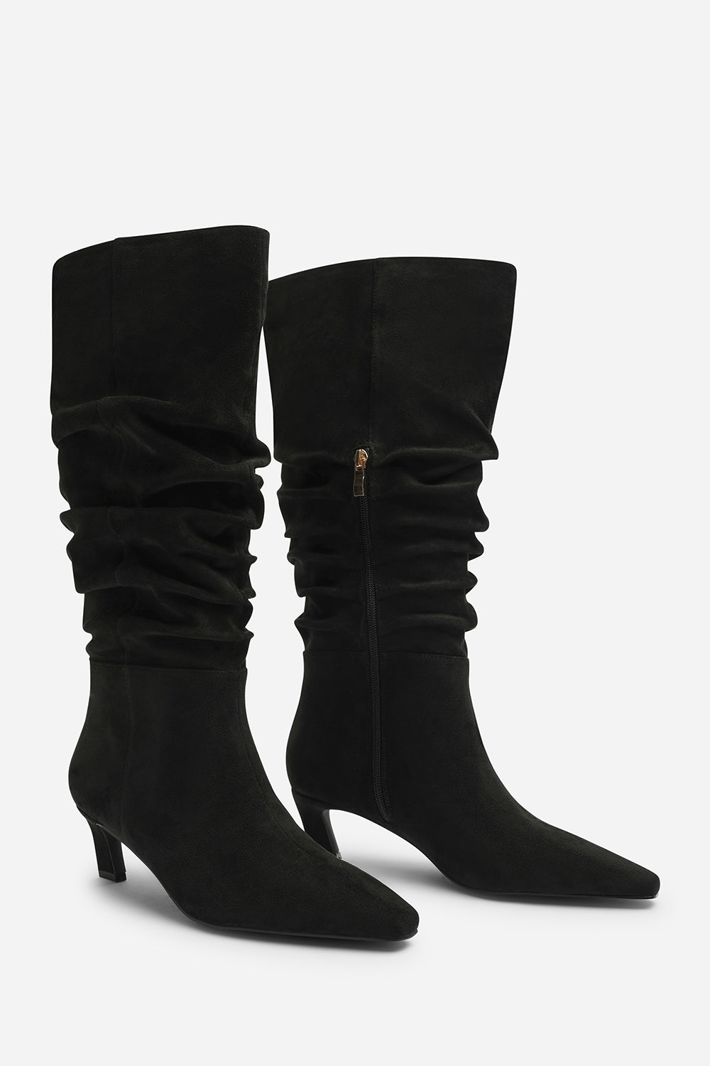 Kensley Ruched Slouch Knee High Snipped Toe Boot in Black Suede