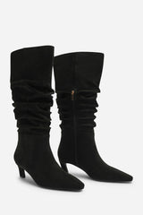 Kensley Ruched Slouch Knee High Snipped Toe Boot in Black Suede
