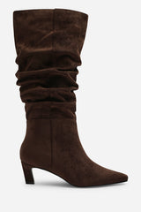 Kensley Ruched Slouch Knee High Snipped Toe Boot in Dark Brown Suede