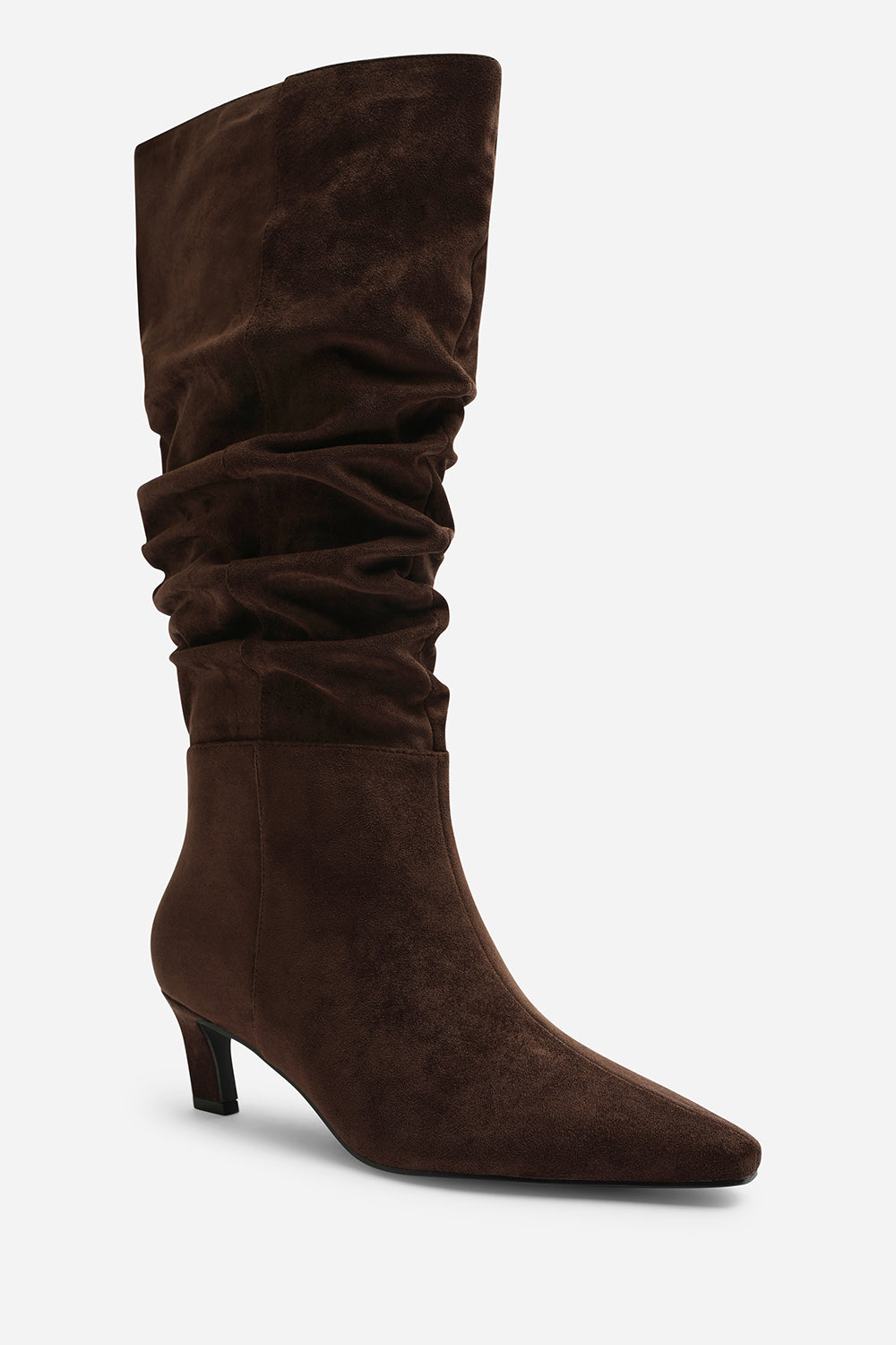Kensley Ruched Slouch Knee High Snipped Toe Boot in Dark Brown Suede
