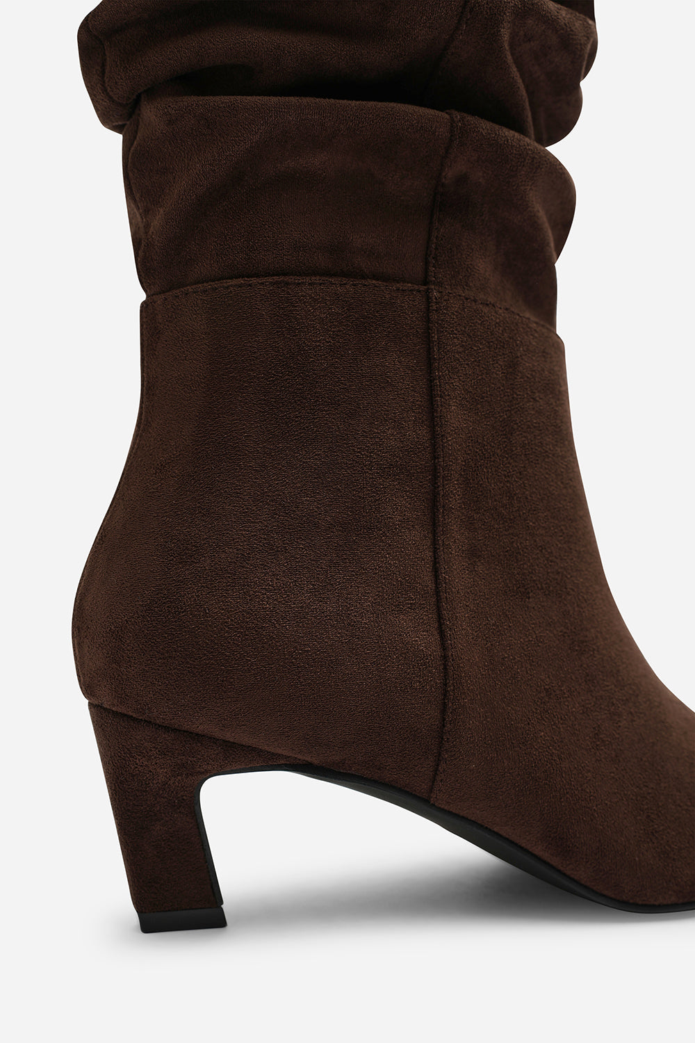 Kensley Ruched Slouch Knee High Snipped Toe Boot in Dark Brown Suede