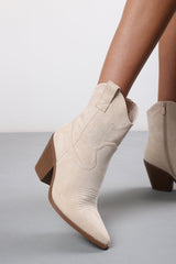 Seraphina Beige Suede Cowboy Boots Ankle Length Western Block Heel