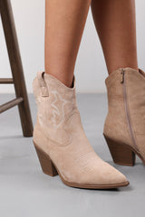 Seraphina Camel Suede Cowboy Boots Ankle Length Western Block Heel