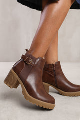 ARLETH MID BLOCK HEEL WITH BUCKLE DETAIL STRETCH ANKLE BOOTS IN BROWN