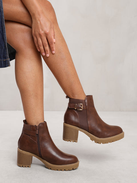 KALI MID BLOCK HEEL WITH BUCKLE DETAIL STRETCH ANKLE BOOTS IN BROWN FAUX LEATHER