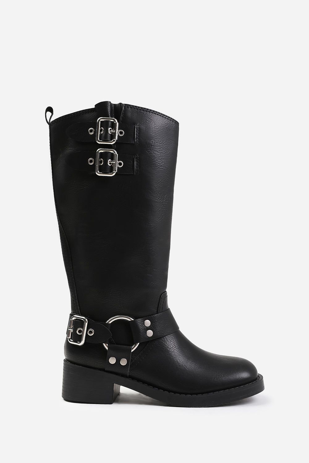 SPRUCE BIKER STYLE BELOW KNEE BOOT WITH SILVER BUCKLES IN BLACK FAUX LEATHER