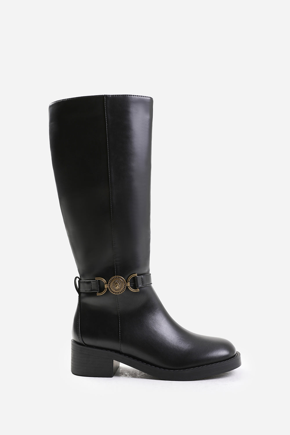 WASHINGTON BELOW KNEE BOOT WITH GOLD BUCKLE DETAIL IN BLACK FAUX LEATHER