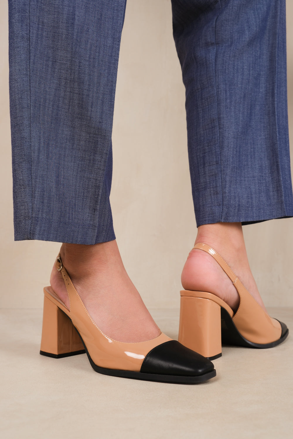 HELSINKI MID BLOCK TOE CAP SLINGBACK COURT SHOES IN NUDE PATENT