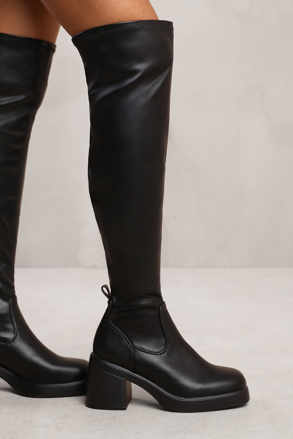 DAISY OVER THE KNEE BOOT WITH CHUNKY HEEL IN BLACK FAUX LEATHER