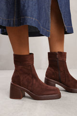 NYRA ANKLE BOOT WITH SIDE ZIP AND CHUNKY HEEL IN BROWN SUEDE