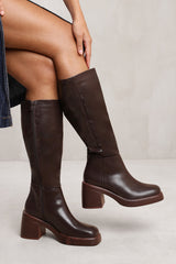 MADDIE BELOW KNEE BOOT WITH CHUNKY HEEL IN BROWN FAUX LEATHER