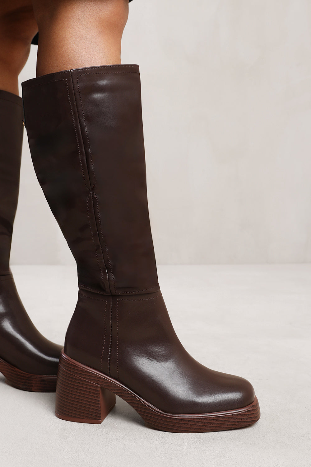 MADDIE BELOW KNEE BOOT WITH CHUNKY HEEL IN BROWN FAUX LEATHER