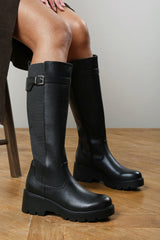 Erelia Wide Fit Stretch Panel Buckle Detail Wedge Boots