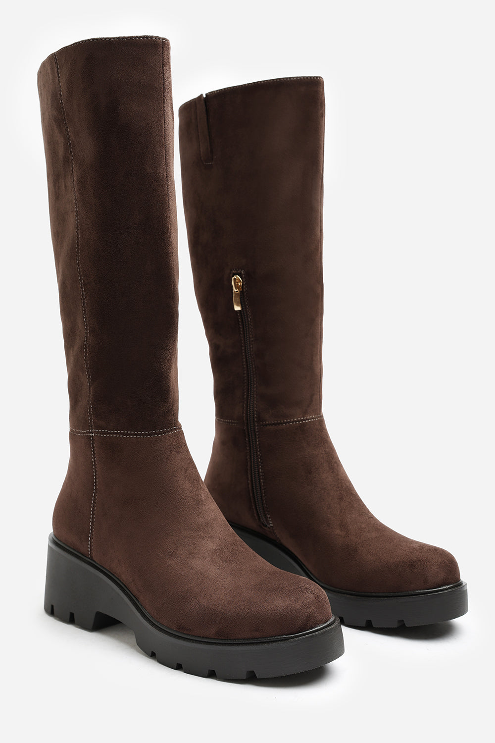 Envara Wide Fit Knee High Wedge Boot With Stitch Panel Detailing
