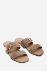 Orlina Two Strap Side Buckle Camel Suede Sandal
