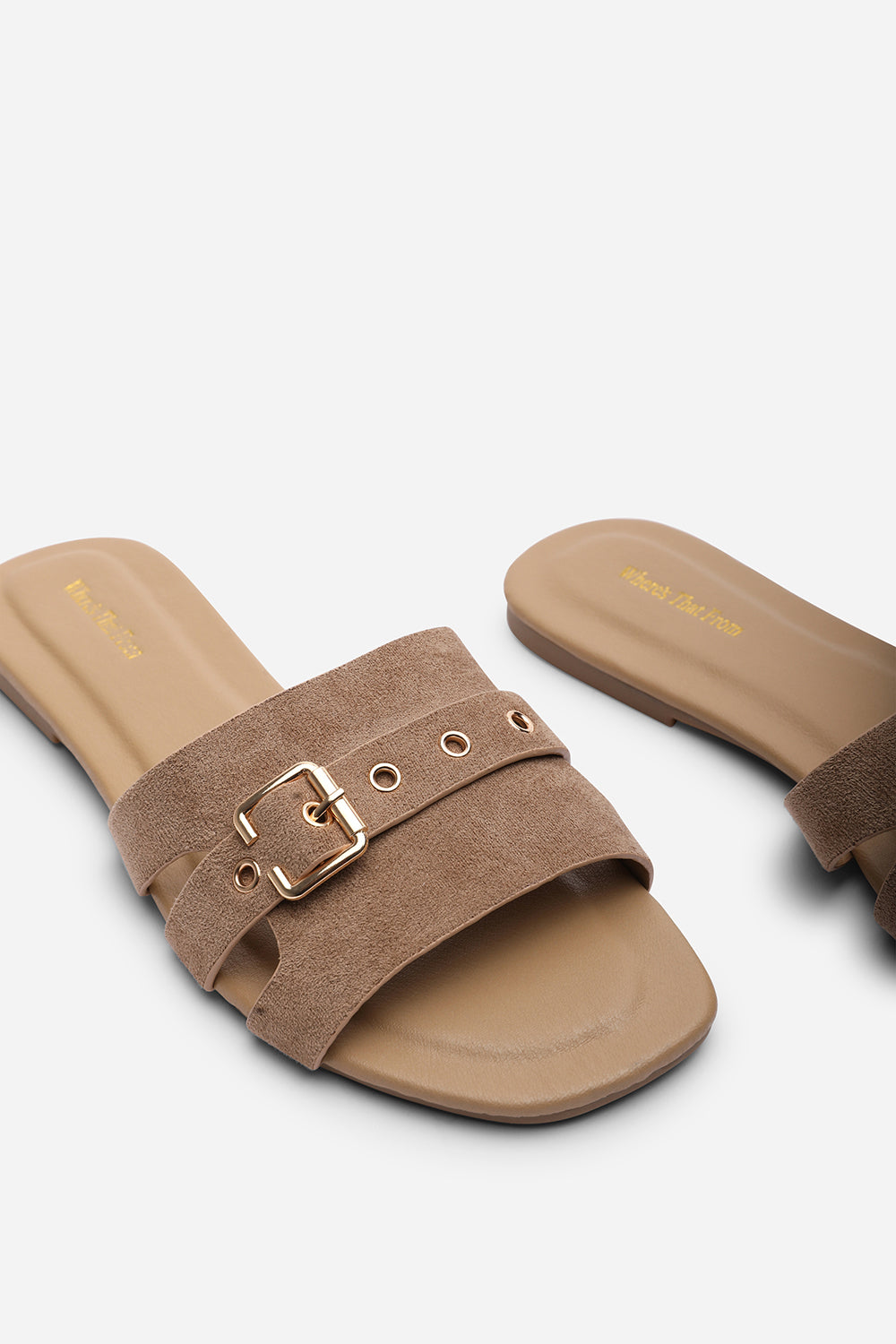 Alvita Buckle Slide on Flat Camel Suede Sandal