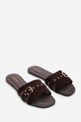 Alvita Buckle Slide on Flat Dark Brown Suede Sandal