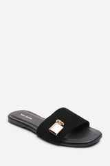 Solana Gold Trim Flat Black Suede Slide On Sandal