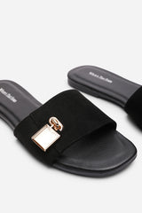 Solana Gold Trim Flat Black Suede Slide On Sandal
