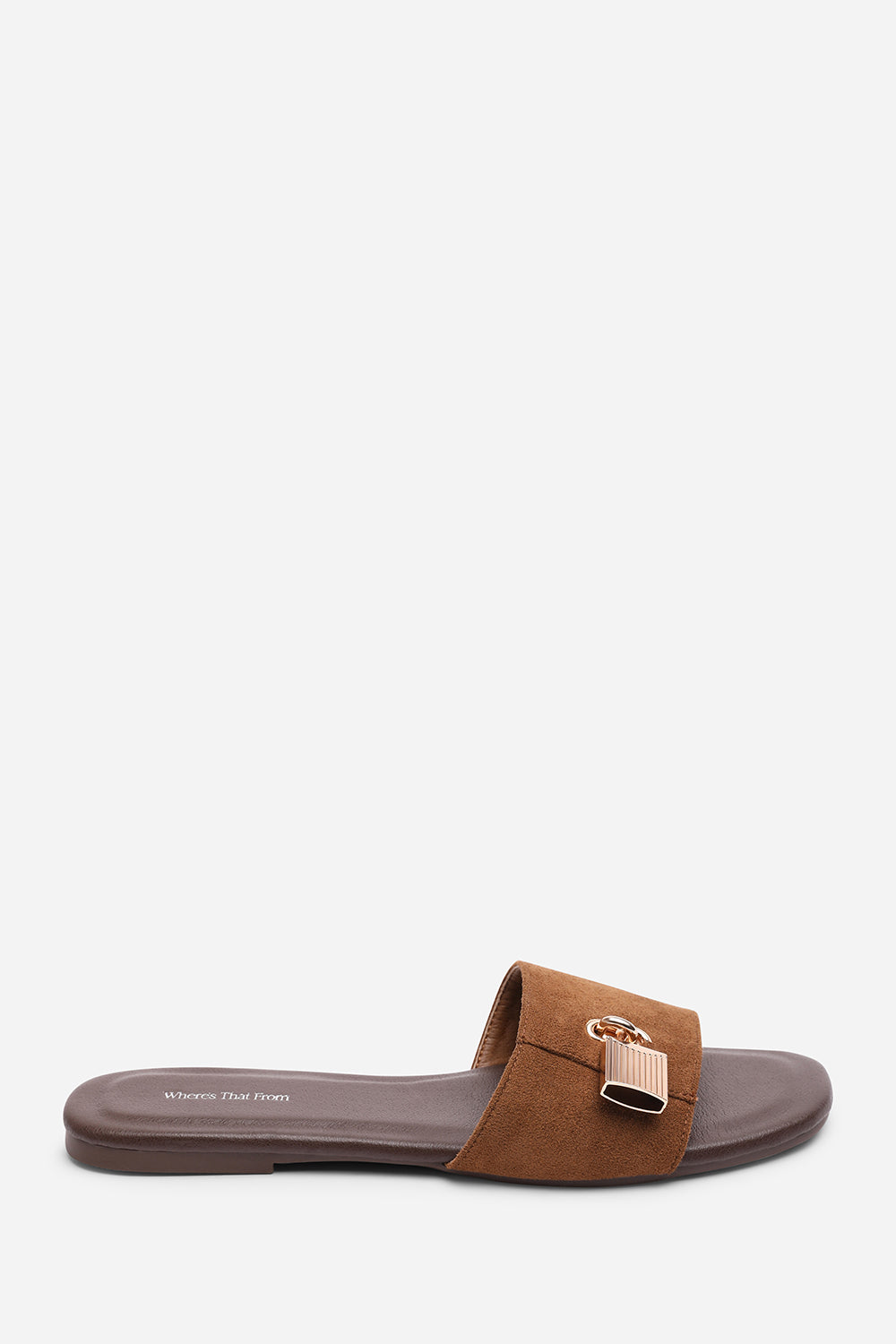 Solana Gold Trim Flat Cognac Suede Slide On Sandal