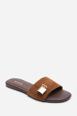 Solana Gold Trim Flat Cognac Suede Slide On Sandal