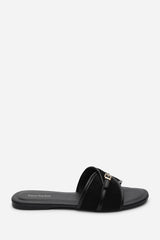 Cevora Cross Over Buckle Black Suede Slide On Sandal