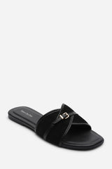 Cevora Cross Over Buckle Black Suede Slide On Sandal