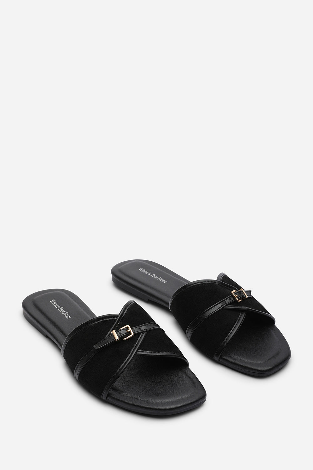 Cevora Cross Over Buckle Black Suede Slide On Sandal