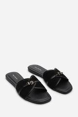 Cevora Cross Over Buckle Black Suede Slide On Sandal