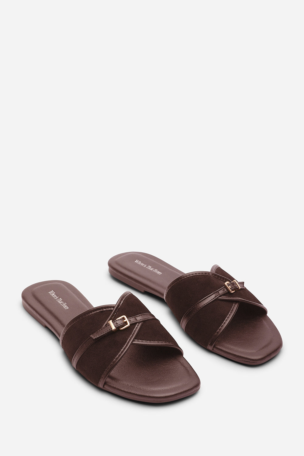 Cevora Cross Over Buckle Dark Brown Suede Slide On Sandal