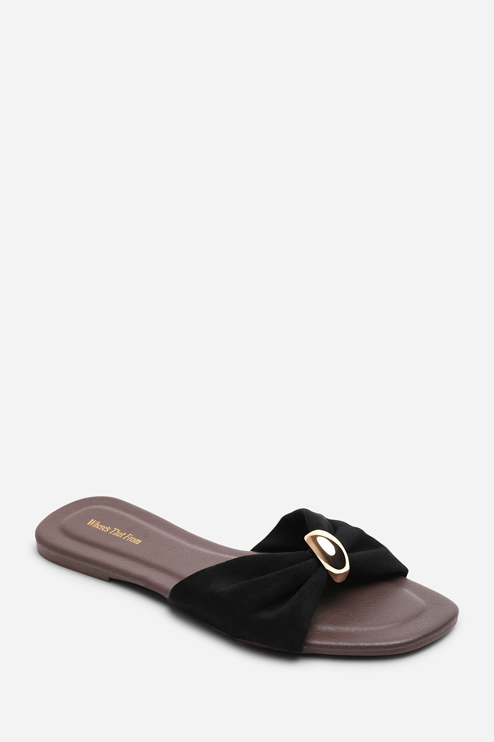 Arc Ruched Buckle Black Suede Slide On Sandal