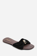 Arc Ruched Buckle Black Suede Slide On Sandal