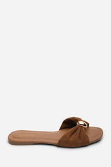 Arc Ruched Buckle Cognac Suede Slide On Sandal
